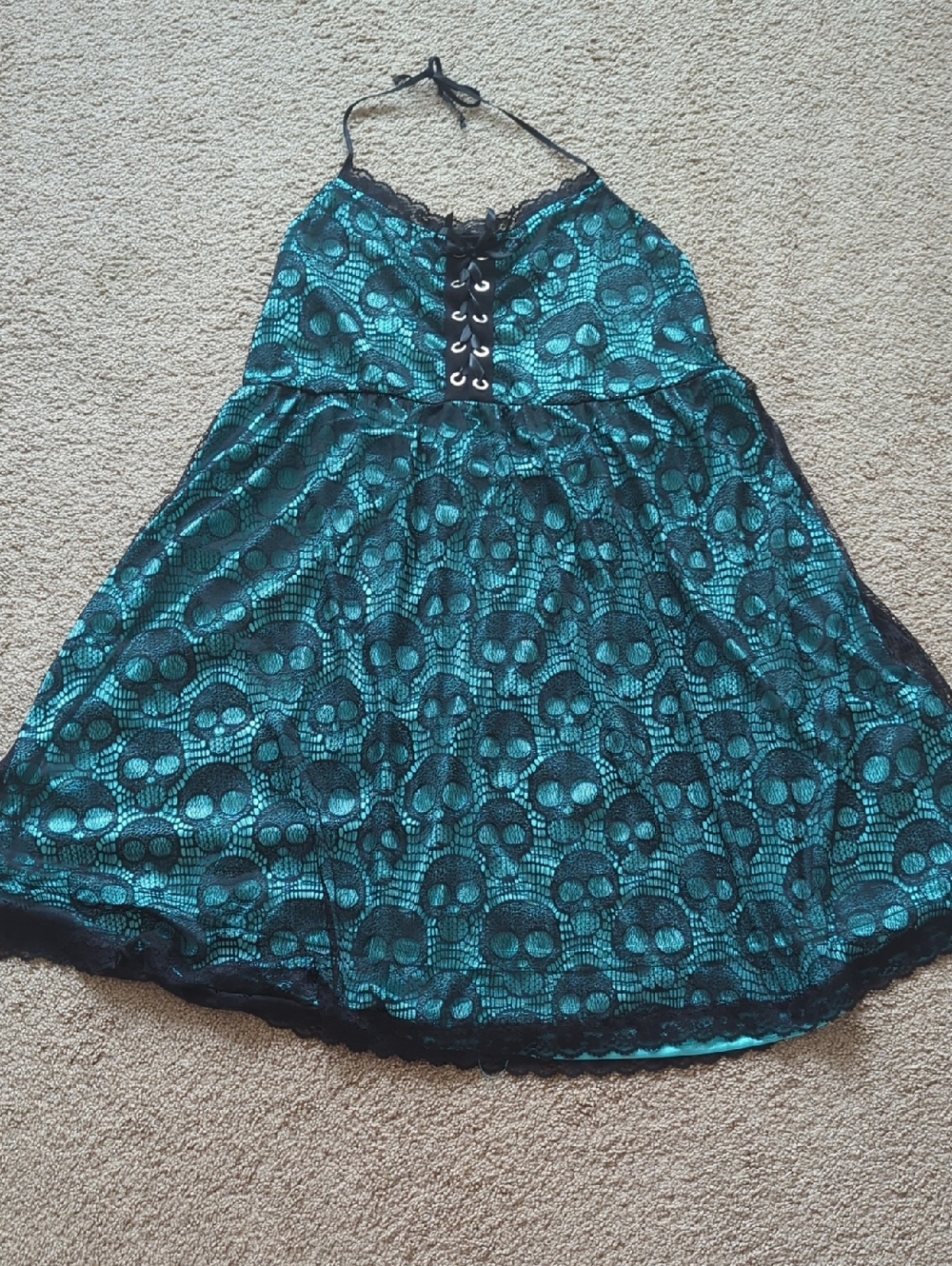Aqua & Black Sugar Skull Halter Dress XXL